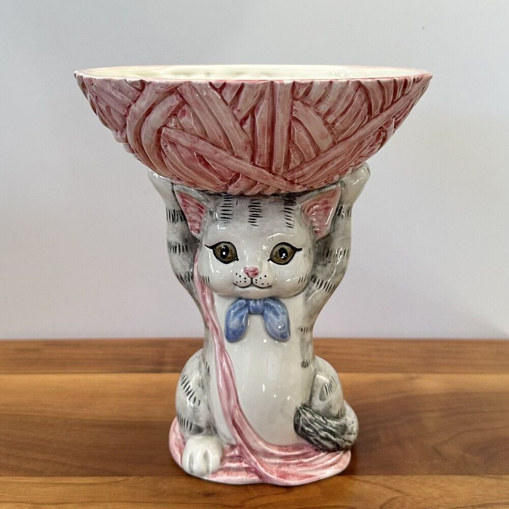 Vintage Kitty Cat Gray Tabby Kitten Yarn Ball Holder Bowl OCI Fitz & Floyd FLAWS